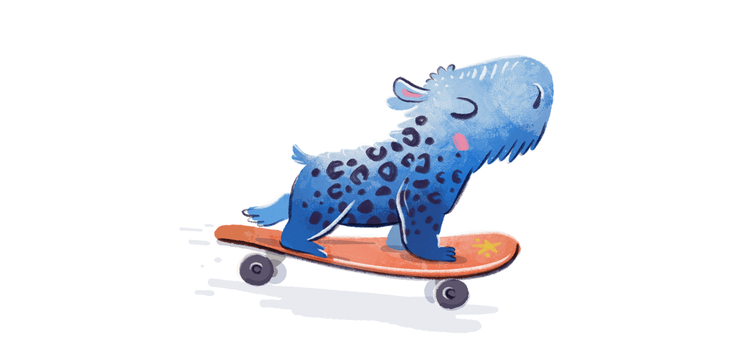 Un exemple  d'illustration du Livre Tribu : Un capybara bleu qui fait du skateboard.