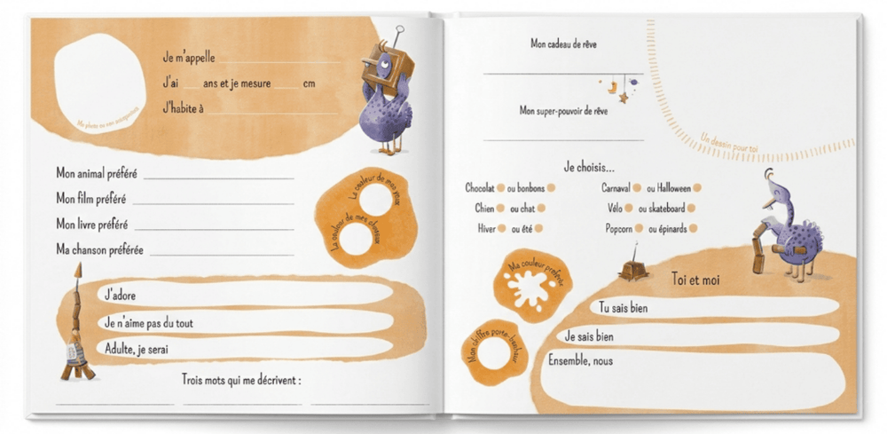 Double page du Livre Tribu à remplir par un enfant de la tribu