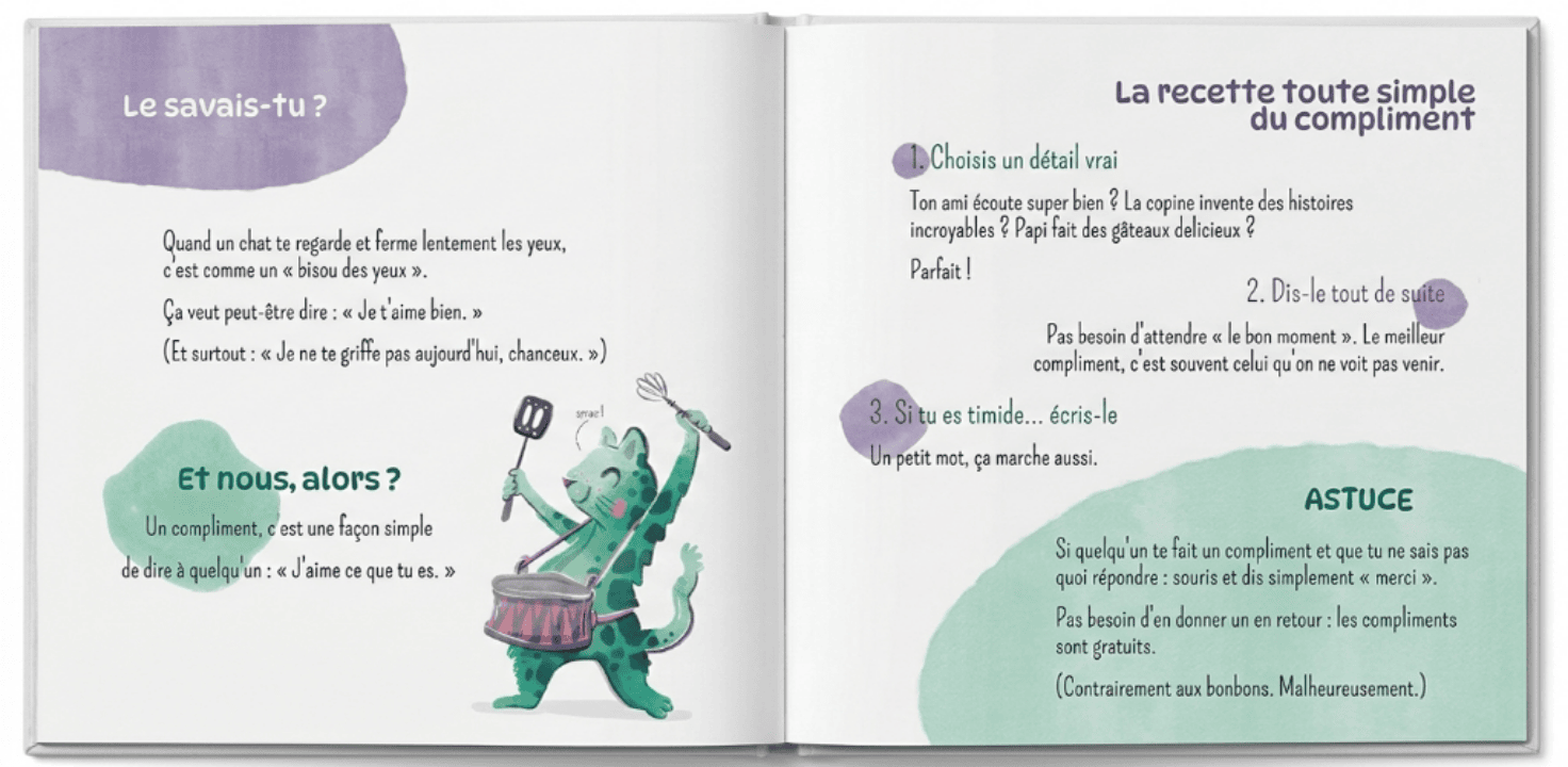 Double page du Livre Tribu avec "La recette toute simple du compliment"